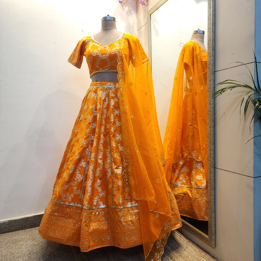Wedding Wear Orange Banarasi Brocade Lehenga Blouse for Women