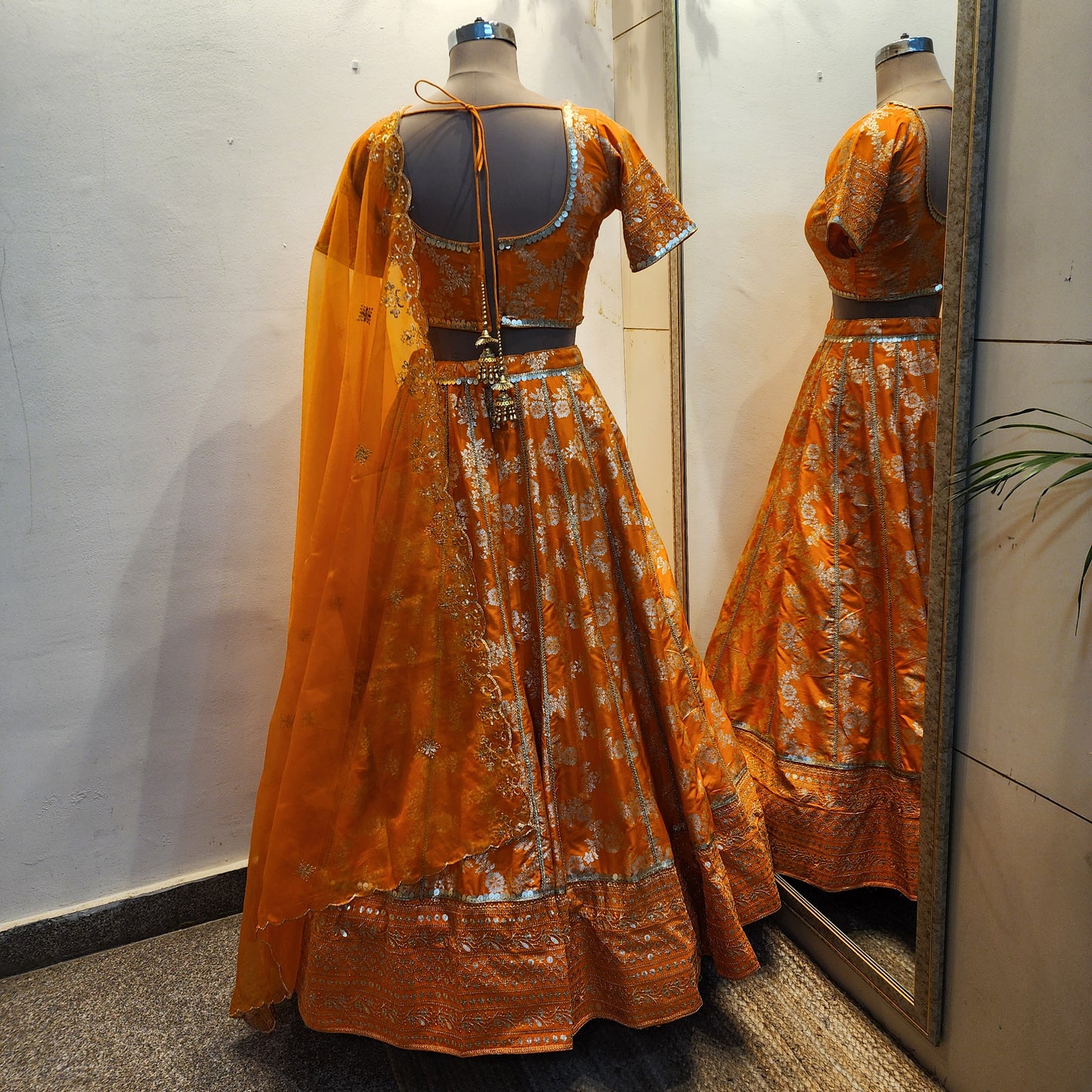 Wedding Wear Orange Banarasi Brocade Lehenga Blouse for Women