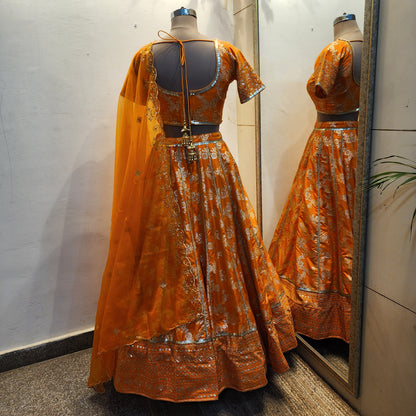 Wedding Wear Orange Banarasi Brocade Lehenga Blouse for Women