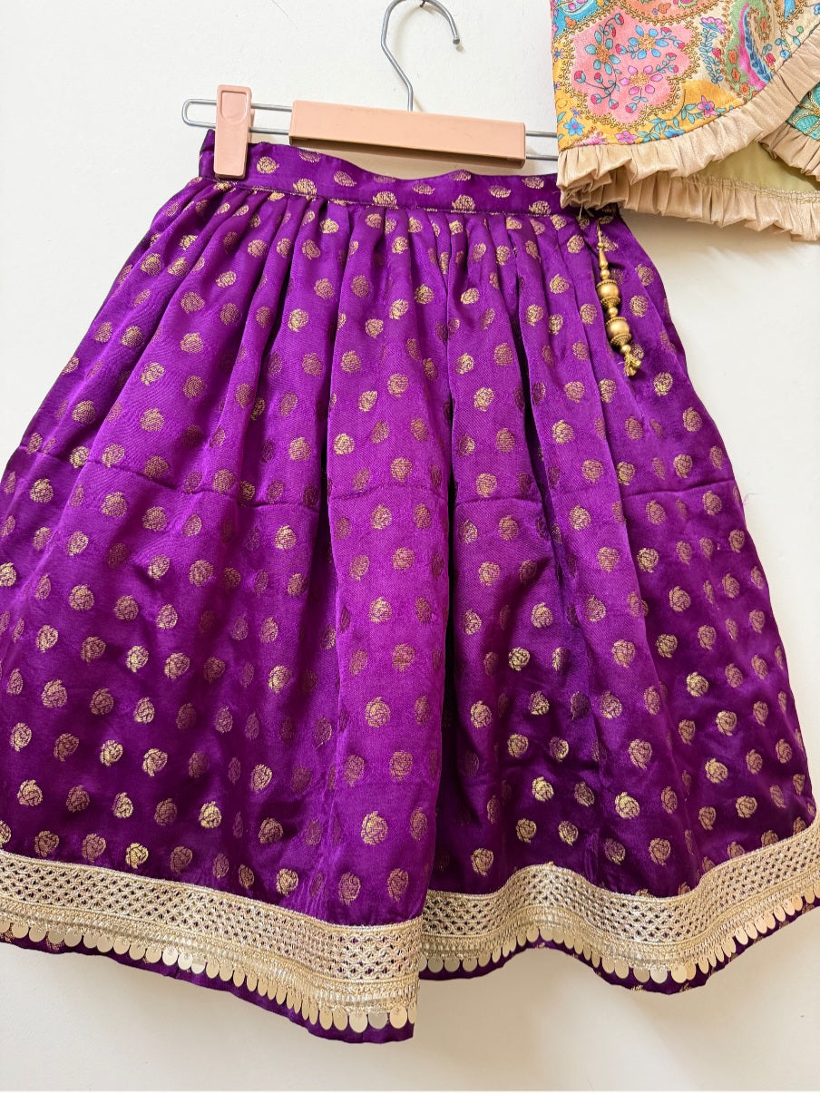 Purple Banarasi Lehenga Set with Printed Halter Blouse