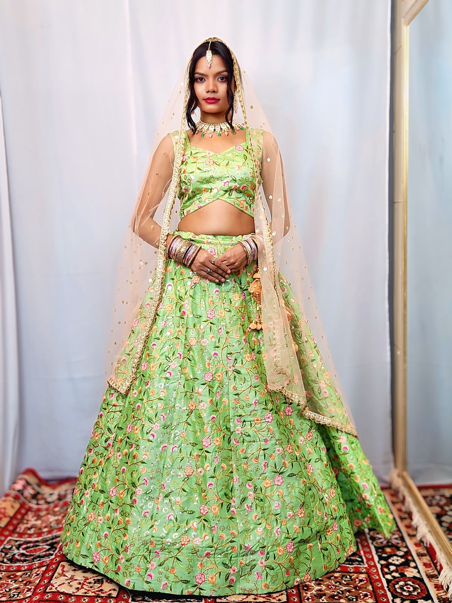 Pastel Green  Floral Embroidered  Lehenga Set