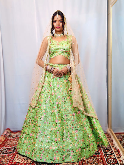Pastel Green  Floral Embroidered  Lehenga Set