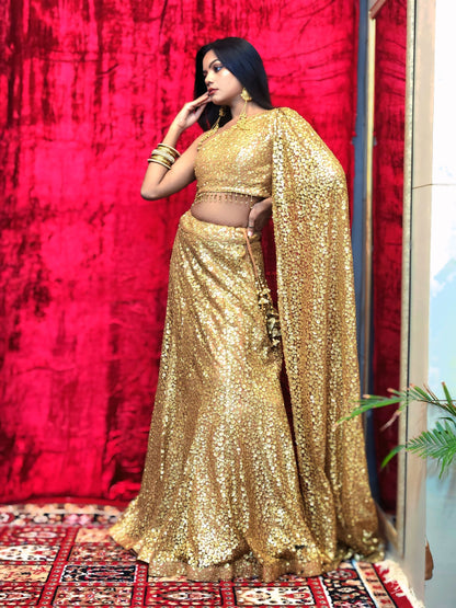 Gold Sequin One - Shoulder Lehenga Set