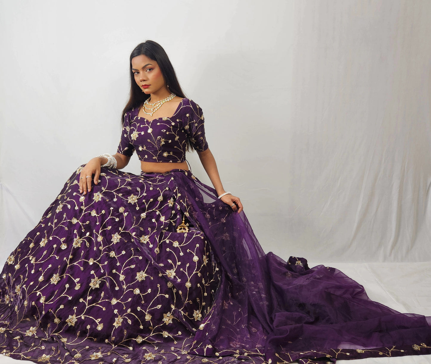 Wine Plum Embroidered Lehenga Set