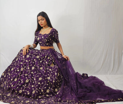 Wine Plum Embroidered Lehenga Set