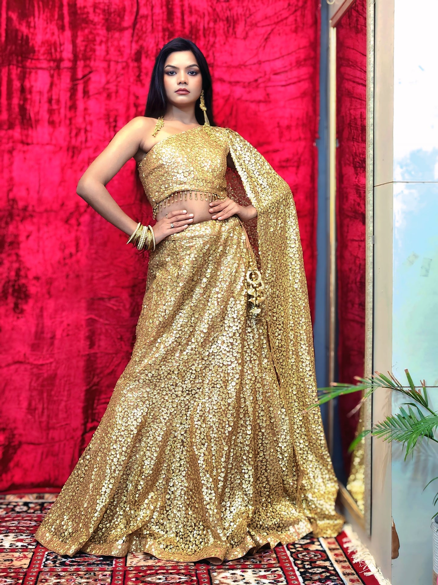 Gold Sequin One - Shoulder Lehenga Set