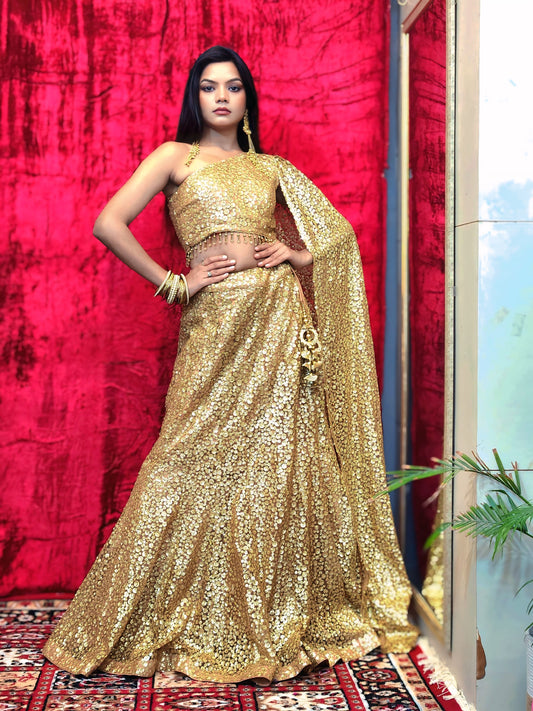 Gold Sequin One - Shoulder Lehenga Set