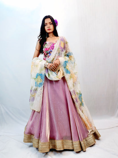 Blush Pink Lehenga Set with Floral Embroidered Blouse & Sheer Dupatta