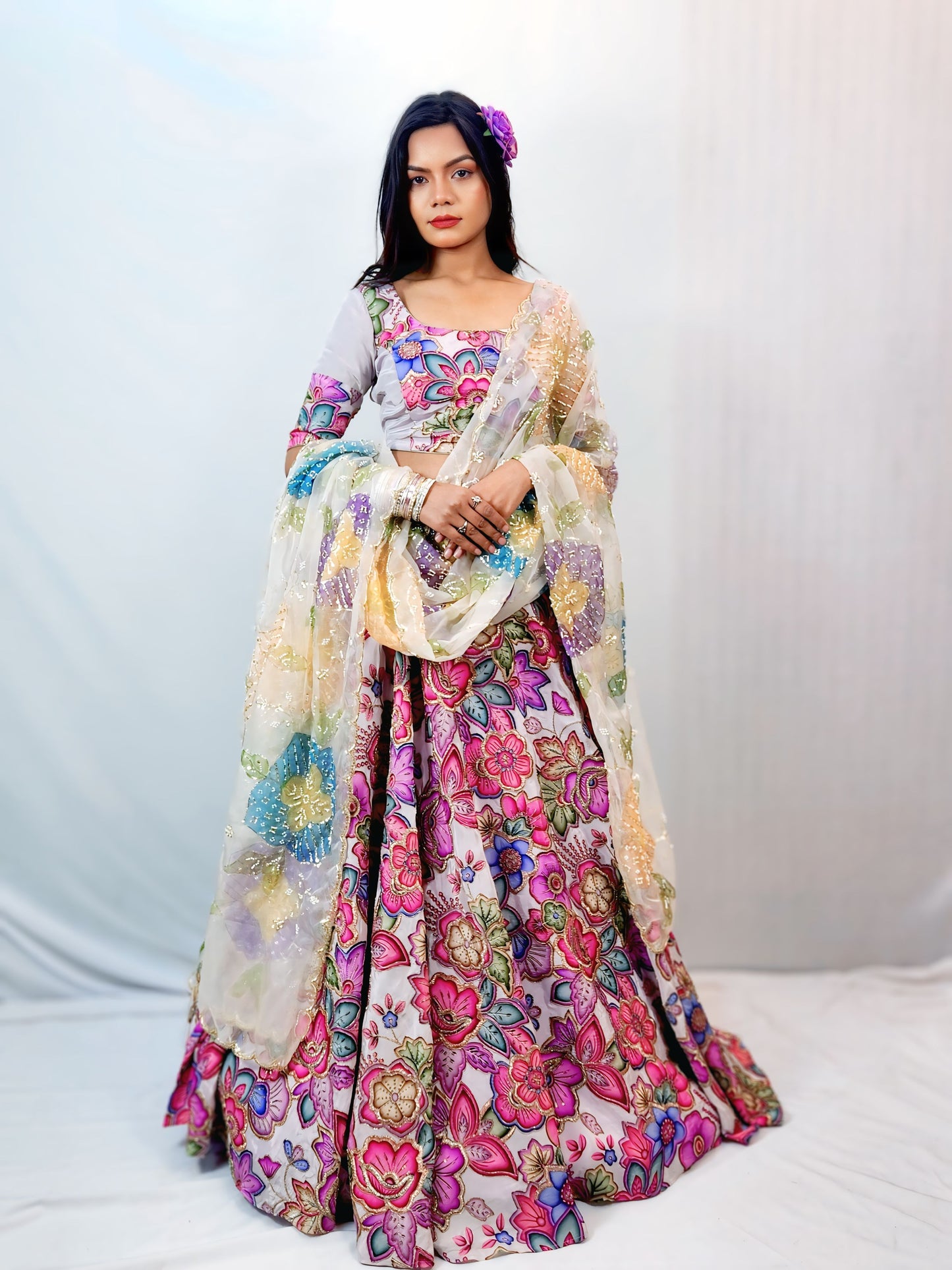 Ivory Floral Print Lehenga Set with Embellished Dupatta