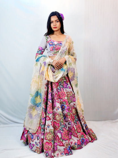 Ivory Floral Print Lehenga Set with Embellished Dupatta