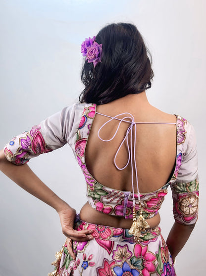 Ivory Floral Print Lehenga Set with Embellished Dupatta