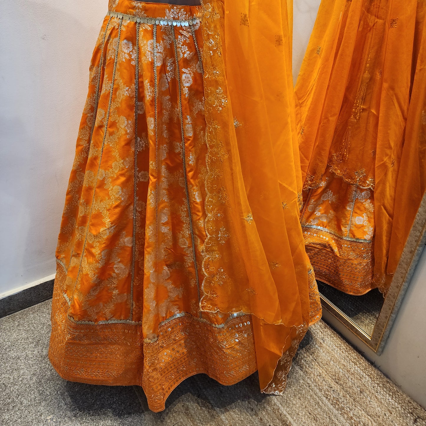 Wedding Wear Orange Banarasi Brocade Lehenga Blouse for Women
