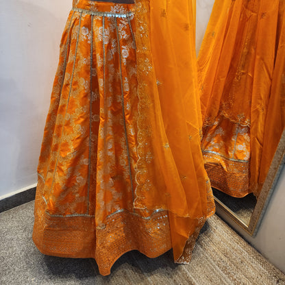 Wedding Wear Orange Banarasi Brocade Lehenga Blouse for Women