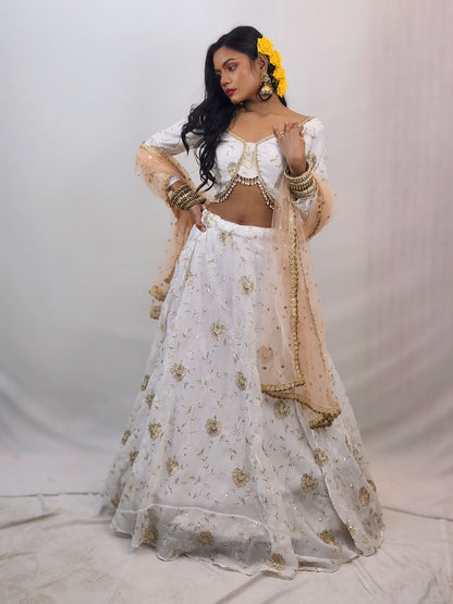 Ivory & Gold Embroidered Lehenga Set with Peach Dupatta