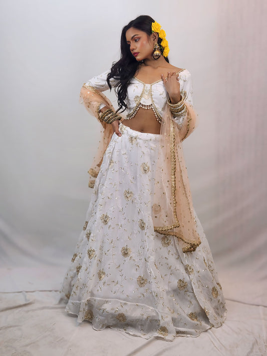 Ivory & Gold Embroidered Lehenga Set with Peach Dupatta