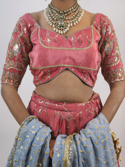 Rose Pink Embroidered Lehenga Set with Powder Blue Dupatta