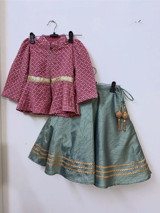 Dusty Rose & Sage Green Embroidered Lehenga Set with Peplum Jacket