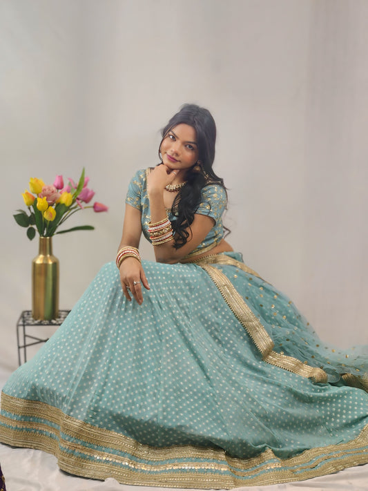 Sea Green Embroidered Lehenga Choli Set with Dupatta