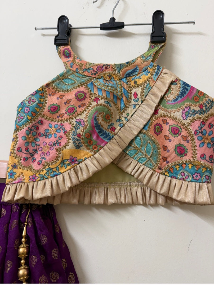 Purple Banarasi Lehenga Set with Printed Halter Blouse