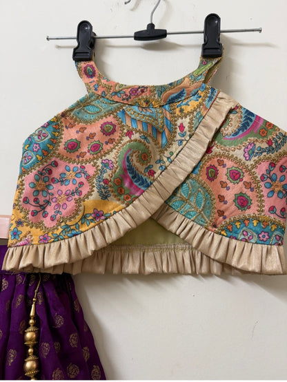 Purple Banarasi Lehenga Set with Printed Halter Blouse