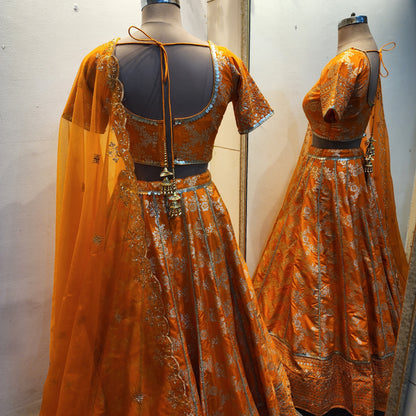 Wedding Wear Orange Banarasi Brocade Lehenga Blouse for Women