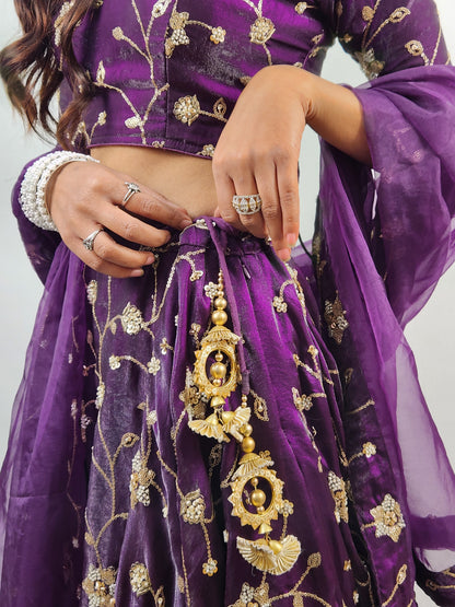 Wine Plum Embroidered Lehenga Set