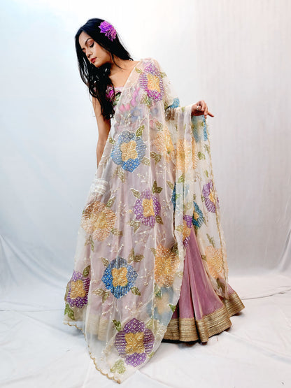 Blush Pink Lehenga Set with Floral Embroidered Blouse & Sheer Dupatta