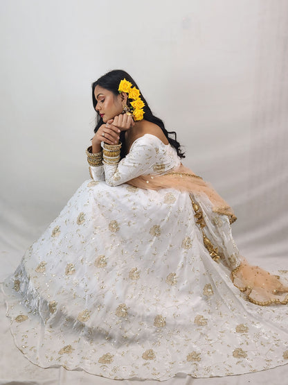 Ivory & Gold Embroidered Lehenga Set with Peach Dupatta