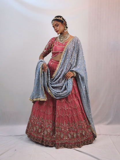 Rose Pink Embroidered Lehenga Set with Powder Blue Dupatta