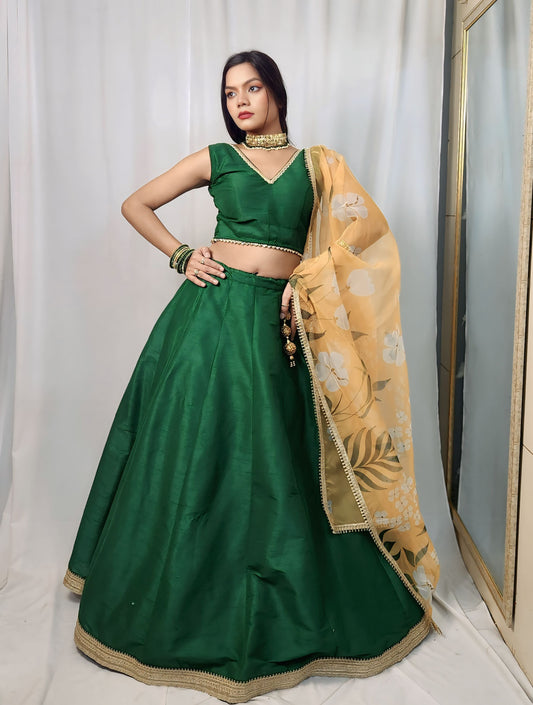 Classic Emerald Green Raw Silk Lehenga