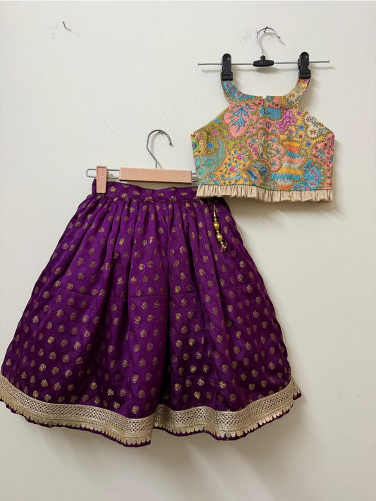 Purple Banarasi Lehenga Set with Printed Halter Blouse