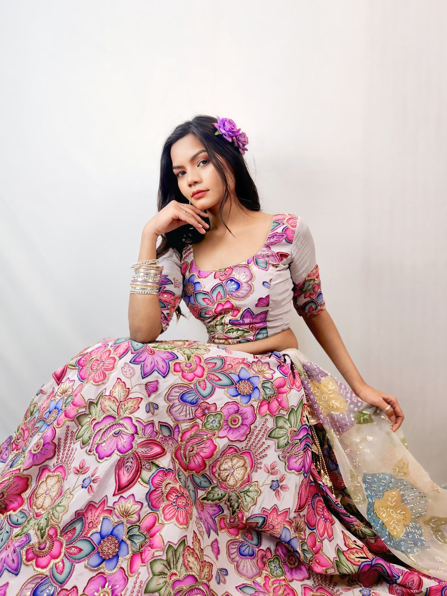 Ivory Floral Print Lehenga Set with Embellished Dupatta