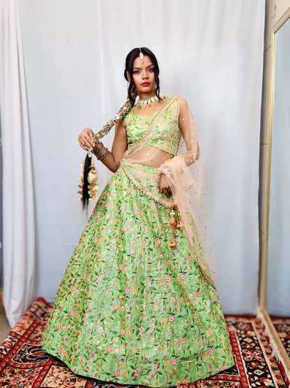 Pastel Green  Floral Embroidered  Lehenga Set