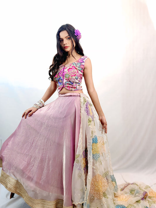 Blush Pink Lehenga Set with Floral Embroidered Blouse & Sheer Dupatta