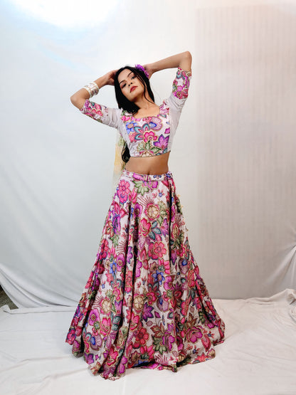 Ivory Floral Print Lehenga Set with Embellished Dupatta
