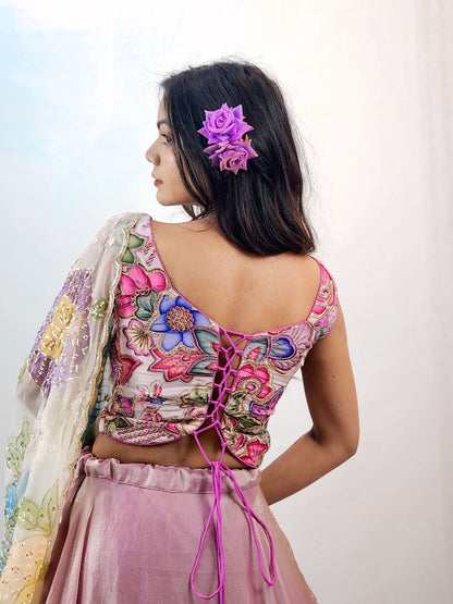 Blush Pink Lehenga Set with Floral Embroidered Blouse & Sheer Dupatta