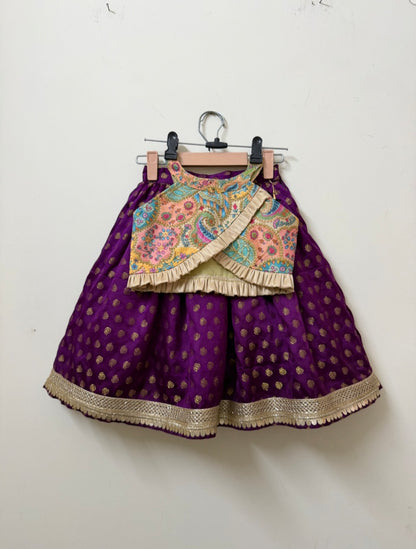 Purple Banarasi Lehenga Set with Printed Halter Blouse