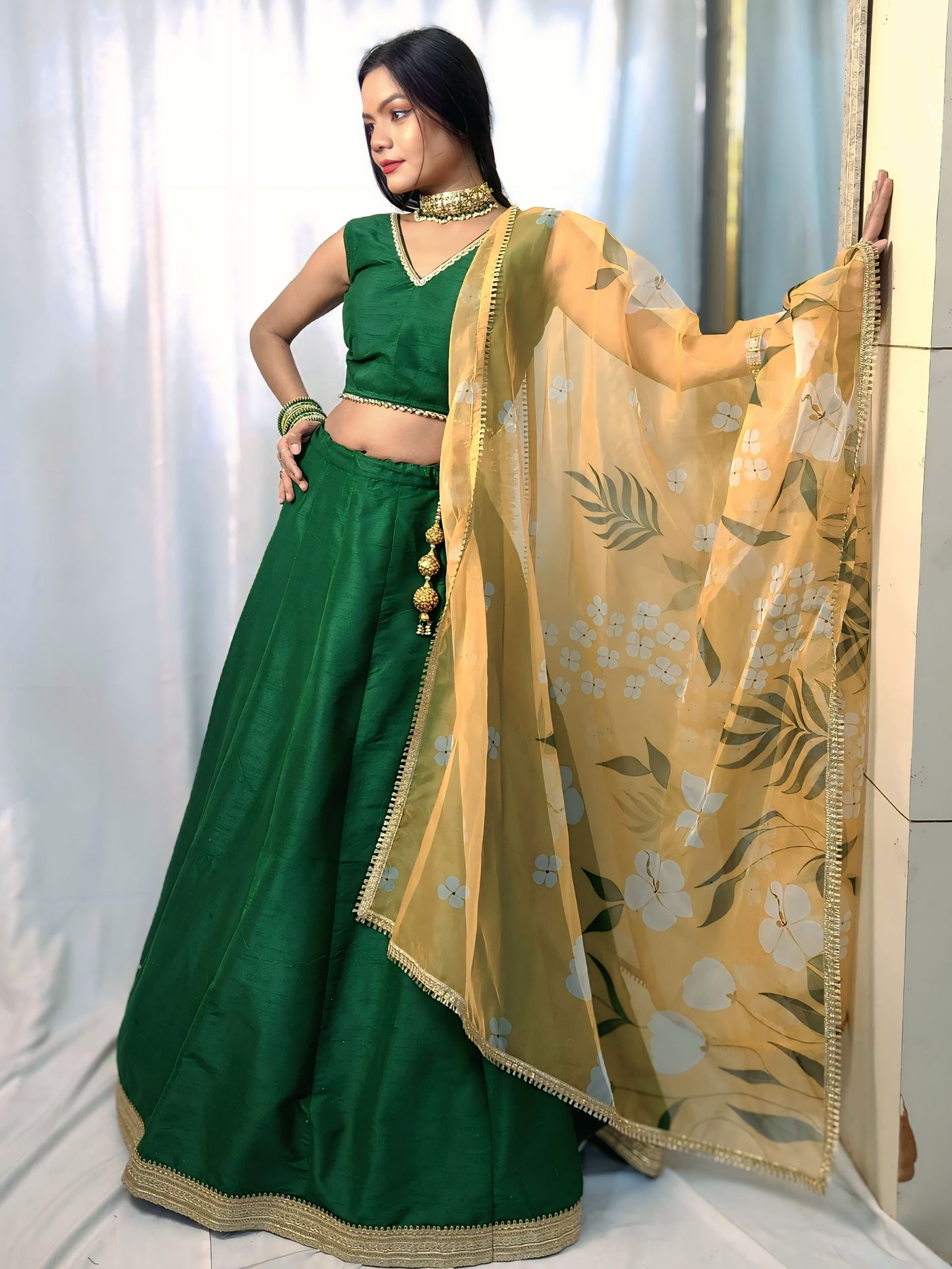 Classic Emerald Green Raw Silk Lehenga