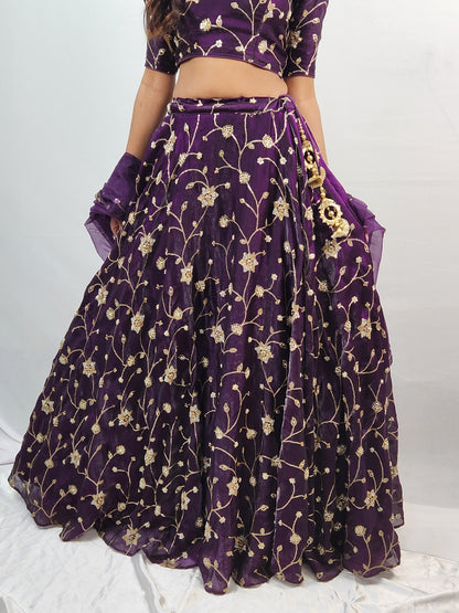 Wine Plum Embroidered Lehenga Set