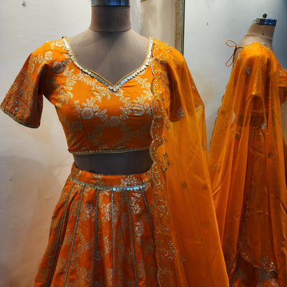 Wedding Wear Orange Banarasi Brocade Lehenga Blouse for Women