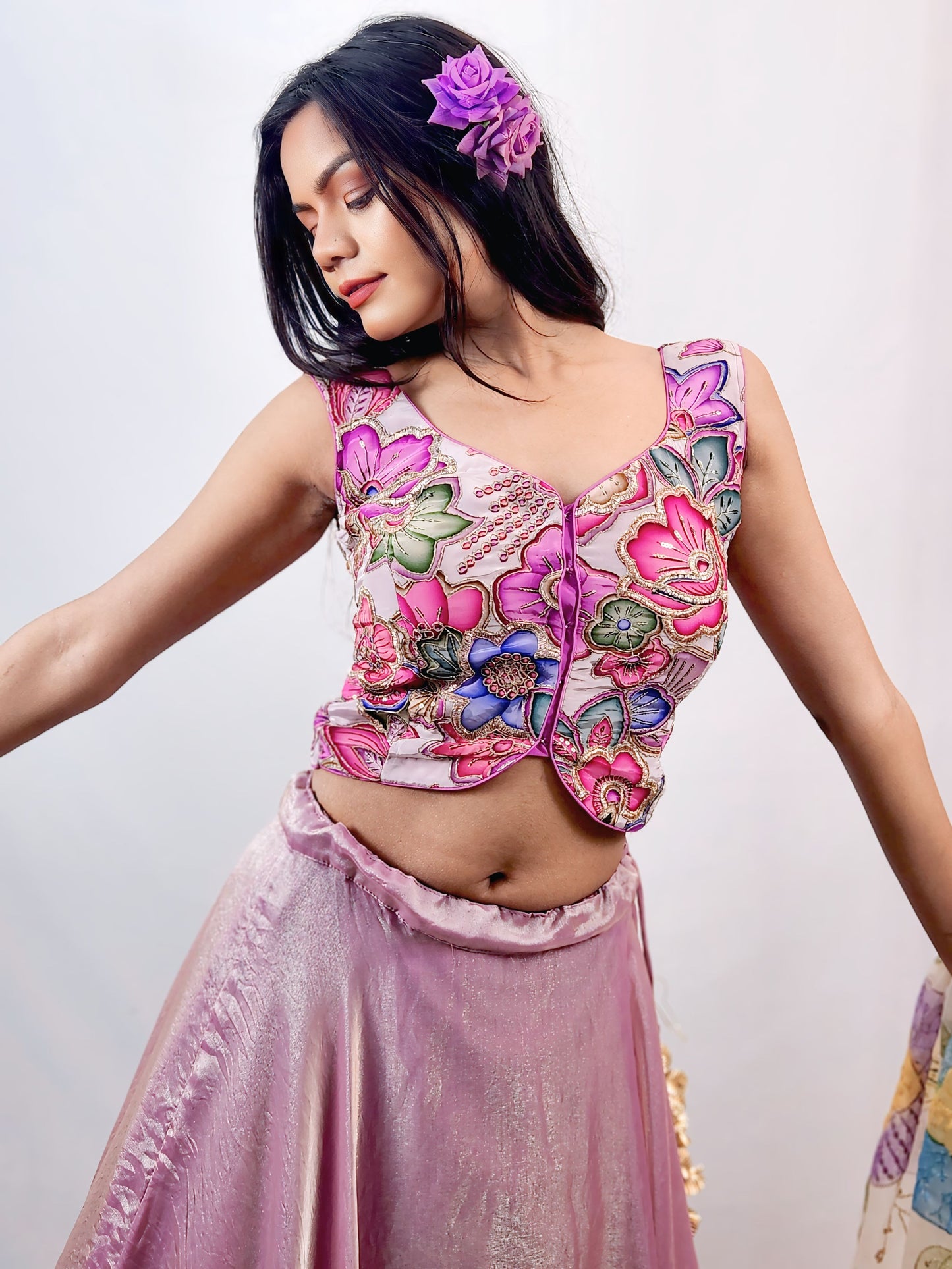 Blush Pink Lehenga Set with Floral Embroidered Blouse & Sheer Dupatta