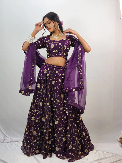 Wine Plum Embroidered Lehenga Set